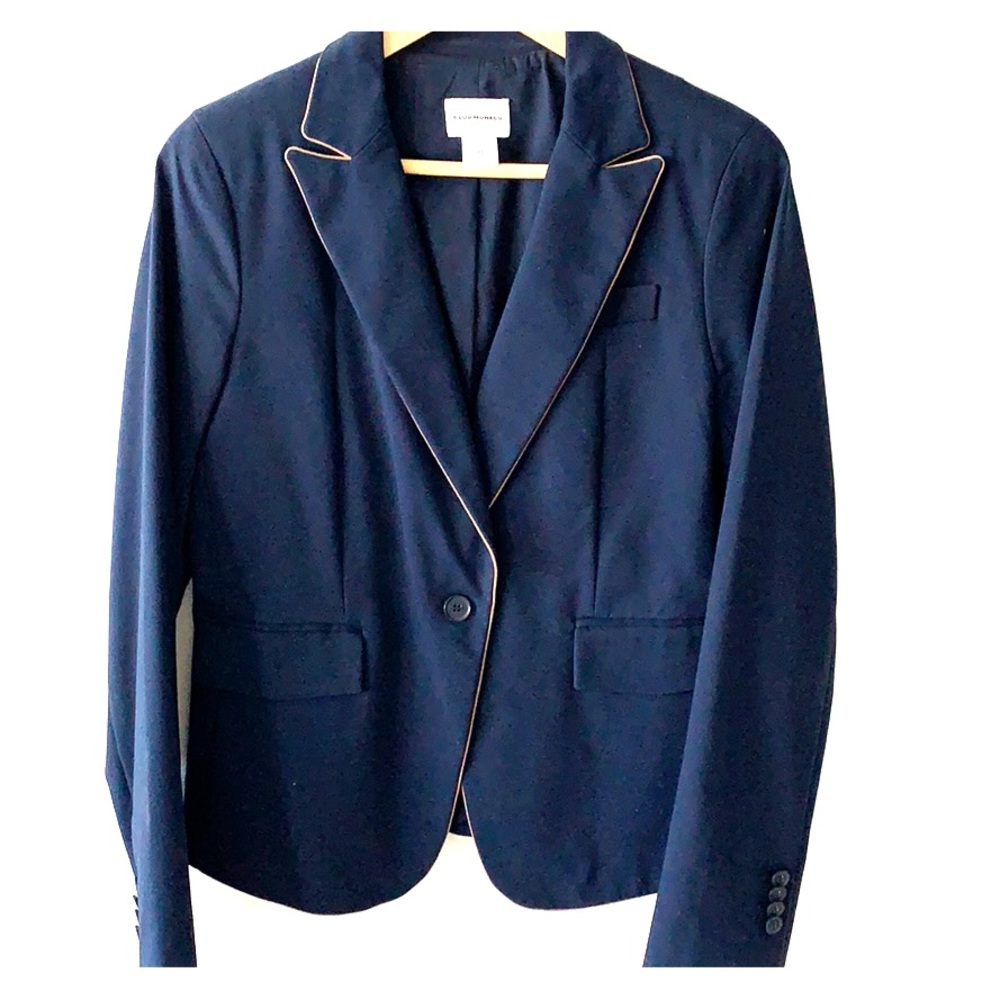 Club Monaco navy blazer with taupe trim